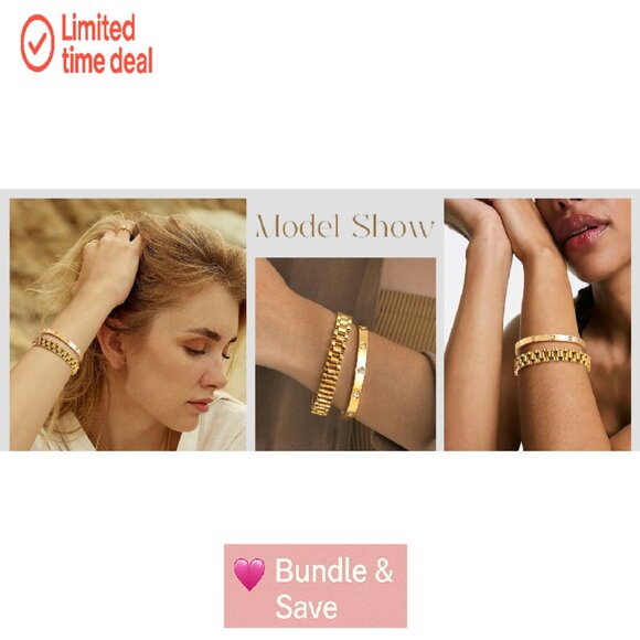 18K Gold Plated Link Bracelet Set, Stainless Steel with Adjust Tool - Picture 8 of 8